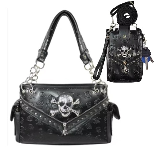 Black Western Concealed Carry Skull Concho Studded Purse & Phone Wallet Set